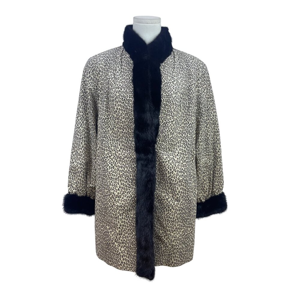 Silverman Furs Womens Black Mink Trim Leopard Print Coat Elegant Outerwear